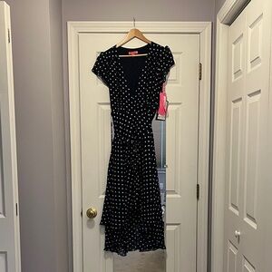 Elegant Navy Polka Dot Wrap Dress